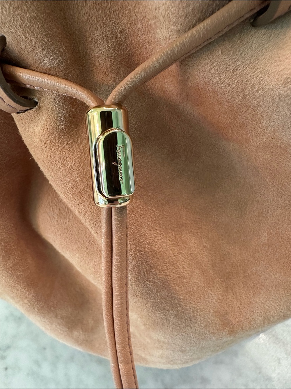 Salvatore Ferragamo Suede Drawstring Bucket Bag - Tan/Peach - Picture 4 of 8